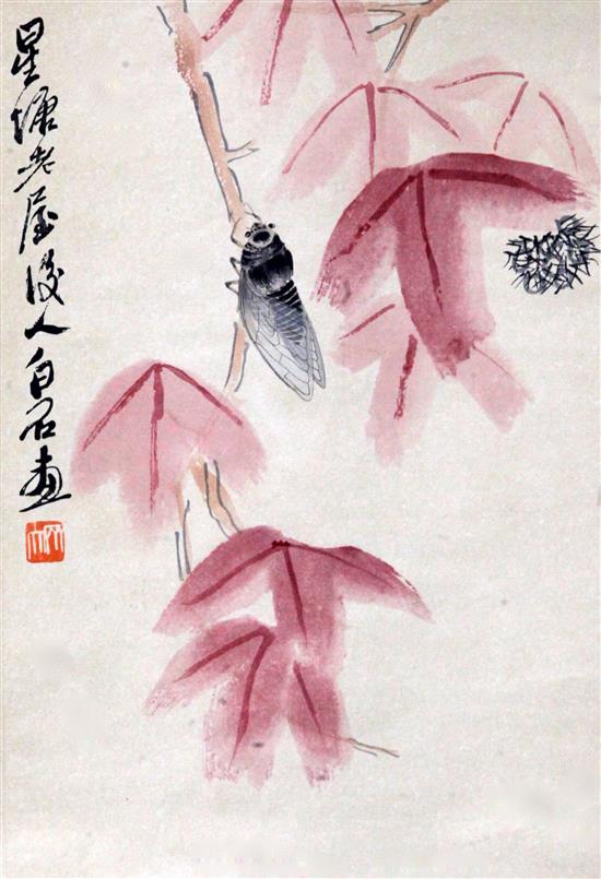 After Qi Baishi. A Chinese printed scroll c.1950s, image 20 x 26cm (2)